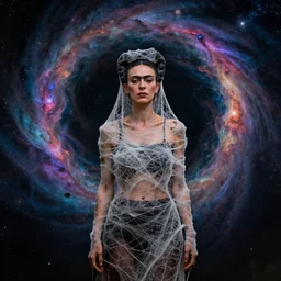 a withered woman wrapped in cobwebs, standing next to an inter dimensional portal of nebulas, by frida khalo