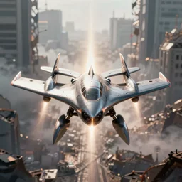 art of aerodynamic shapes robot fly on hypersonic speed on the battlefield, ruined city environment, symmetrical, render, ray tracing, volumetric light, artstation
