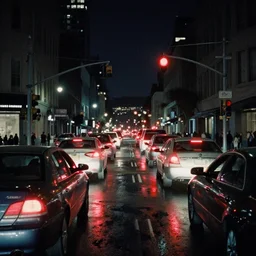 cars waiting for traffic light in san francisco at night, high buildings, taillights, puddles, reflections, pedestrians, colorpalette of blade runner, cinematic, dashcam - footage, filmic, film grain