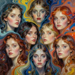 fantastic extraordinary beautiful women into fluid infinity variations of colours mass, close - up, norman rockwell, viktor safonkin, jeff dekal, larry elmore, intricate details, hyperrealistic oil painting on canvas, deep depth field, hd, hdr, 4 k, 8 k