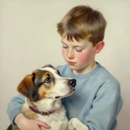 high quality high detail painting by norman rockwell, hd, young boy with dog, muted pastel colors, photorealistic lighting
