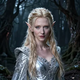 portrait of mischievous, enigmatic!!, dangerous young!!! Galadriel (Cate Blanchett) as a queen of elves, dressed in a refined silvery garment. The background is a dark, chilling eastern european forrest.  night, horroristic shadows, magical, higher contrasts, (((lumnious))), theatrical, character concept art by ruan jia, (((thomas kinkade))), and J.Dickenson, trending on Pinterest, ArtStation