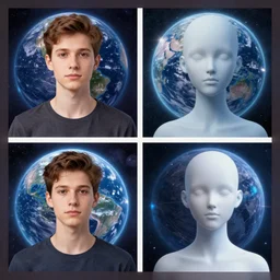 canva of 4 different universe, one normal universe where people look normal, one universe where people have four leg, one universe where humans have been replace by orc, one universe where only animals live