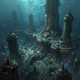 digital painting of an underwater sci-fi city, style of Ralph Mcquarrie, concept art, high angle, high detail, cold lighting, dark, vivid, beautiful, caustics, trending on artstation, by Jordan grimmer, no focus, huge scene