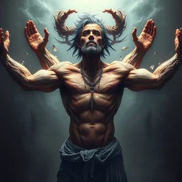 concept art of a man with four arms, hyperealistic, high detailed, 8 k