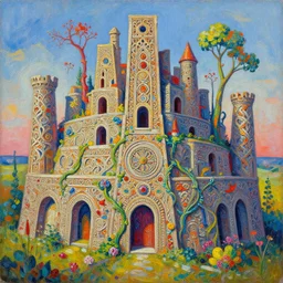 forgotten stone city on a hill that rises up from the plain. the stone is carved into intricate patterns: spirals and flowers, vines and knots. towers high above, archways, strange trees and flowers. a beautiful and vivid and colorful andreas rocha and peter mohrbacher impasto!! acrylic painting