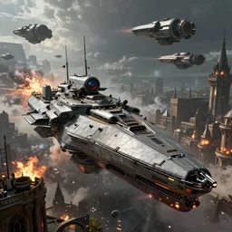 sci-fi warship in a cyberpunk medieval city, rich contrast, spaceships in sky, feeling of grimdark, explosions and fire, hyperrealistic, Cryengine 8k UHD