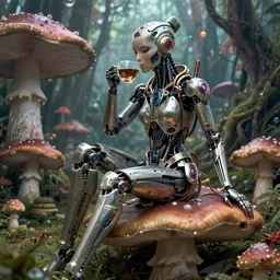 photo of an intricate and sophisticated terminator woman with borg enhancements sitting on a giant mushroom in a weird magical forest and drinking a cup of tea. Very detailed 8k. Fantasy cyberpunk horror