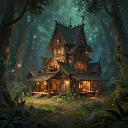 A landscape with a large fantasy tavern with multiple stories in the middle of a forgotten magical forest, magical particles, warm lighting, inviting, enchanting, rendered by simon stålenhag, rendered by Beeple, Makoto Shinkai, syd meade, environment concept, digital art, unreal engine, 3 point perspective, WLOP, trending on artstation, low level, 4K UHD image, octane render,