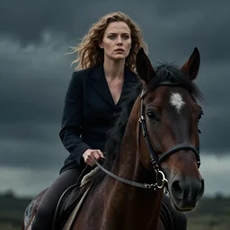 portrait of victoria scurlock riding a mustang horse, beautiful eyes, sylvain sarrailh, artstation, ismail inceoglu by guillermo del toro, cinematic, dramatic, moody