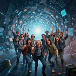 cinematic shot epic group happy humans, hyper realistic, mood lighting, sci fi, detailed flow of big beautiful digital paintings, vortex of squares and rectangles, floating graphics, dripping light drops, supercomputers text to images, beautiful random images, highly detailed, super realistic, perfect lighting pixel sorting