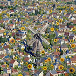 a portrait of an sunny town full of sunflowers and villages and an windmill in the middle, Matte painting , detailed painting, made by Greg Rutkowski, 4k resolution, atmospheric, extremely high detail
