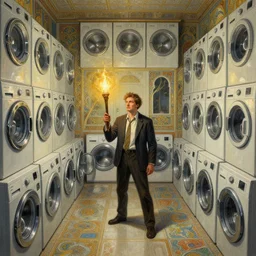 a beautiful illustration of a man holding a torch trapped in a room filled with hundreds of washing machines, washing machines, intricate, sharp focus, illustration, highly detailed, digital painting, concept art, matte, art by wlop and artgerm and greg rutkowski and alphonse mucha, masterpiece