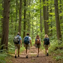 4 trekkers walking in a wonderful forest beautiful lighting