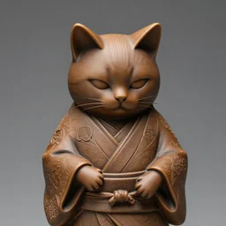 elegant anthropomorphic cat figurine wearing a kimono, brown resin, highly detailed, intricate, monotone, shy looking down