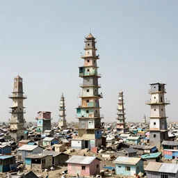 scattered towers suspended on a quagmire made up of makeshift squatter shacks with pastel colours, mamiya, f 1 1, uniform plain sky, fine details, photographed by julie blackmon and nick knight