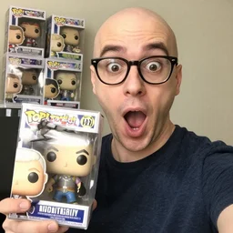 a surprised open mouthed nerdy balding guy showing his collection of funko pop, happy big open mouth, realistic, selfie