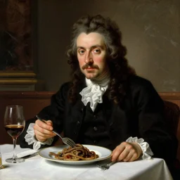 baroque oil portrait handsome aristocrat in elegant black suit in a restaurant eating dish with cooked sandworm from dune, painted by cushart krentz jeremy mann peter paul rubens, wine glass, marble interior, close up shot, soft lighting, dark color scheme, white tablecloth, baroque style, volumetric lighting, photo realistic, highly detailed