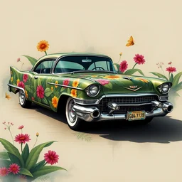 a cadillac 1 9 5 7 coupe textured with an airbrushed djungle with colorful flowers