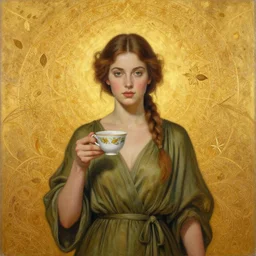 epic painting, portrait of beautiful goddess wearing olive dress holding tea cup with golden glow background, drawing, photography by amy leibowitz, wlop, jeremy lipkin, beeple, intricate golden fractals, team leaves flying in the sky, symmetrical front portrait, artgerm, ilya kuvshinov