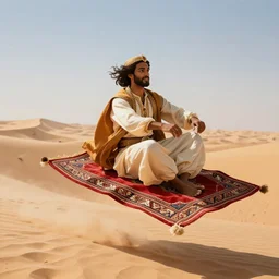 a brown man aladdin floating on a magical carpet ride over the arabic desert. realistic 16k footage.