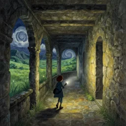 walking in an old stone corridor, nightly, spiral, naive nerikomi, weird perspective, extra narrow, detailed illustration, lit by flashlight, scenic spiral environment by rhads from lorax movie, trending artstation, true color, grass field mountainous terrain, spiral clouds