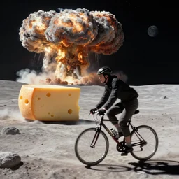 a wheel of cheese is cycling fast on a bike on the moon and drives away from a large mushroom cloud of a nuclear explosion. photorealistic
