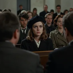 still from a masterpiece 1 9 6 0 s french art film, very beautiful and elegant girl in beret with large eyebrows sits in the far background with an angry expression, moody lighting, viewed from afar, cinematic shot, the camera is focused on a crowd of people