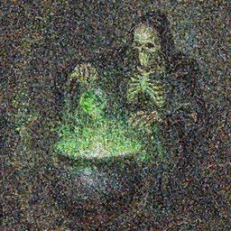 A highly detailed oil painting by Greg Rutkowski and Afremov of a skeleton wearing black robes making a potion glowing bright green in a huge bubbling cauldron, highly detailed fantasy concept artwork, very realistic.