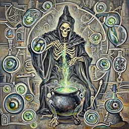 A highly detailed oil painting by Greg Rutkowski and Afremov of a skeleton wearing black robes making a potion glowing bright green in a huge bubbling cauldron, highly detailed fantasy concept artwork, very realistic.