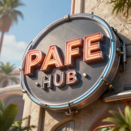 paphos hub, cafe sign, future, sci - fi, hyper realistic, full of details, octane render, 4 k, unreal engine, in the style of greg rutkowski