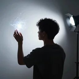 photo still of posterior view, young man enchanting a weather spell, subject in shadow, chiaroscuro, short fluffy hair, biracial, glowing magic, 8 k, studio lighting bright ambient lighting key light, 8 5 mm f 1. 8