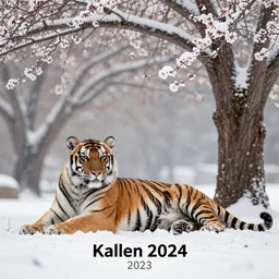 a tiger lying down under a blossom tree, snow falling, photography, award winning