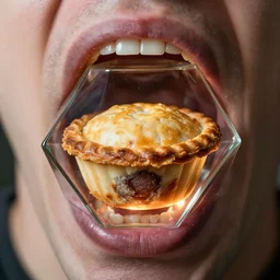 a pork pie inside a glass dodecahedron. the pork pie is mouldy and rancid. the dodecahedron is inside a mans mouth and is glowing ominously
