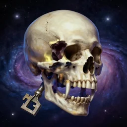a planet in the shape of a skull with fangs, game key art, galaxy background, digital art by Thomas Kinkade