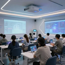 realistic photograph of students in a futuristic classroom,holograph projector,virtual reality,interior design,photorealistic,digital concept art,HD,insanely detailed,8k