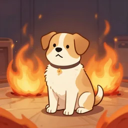 anthropomorphic dog trying to assure himself that everything is fine, despite sitting in a room that is engulfed in flames.