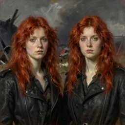 frontal portrait of female adult redheaded twins in the apocalypse, by john singer sargent.