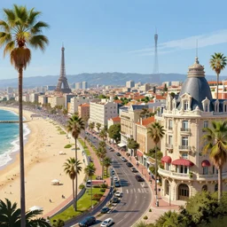 the beautiful city of paris rebuilt near the ocean in sunny california, beach view, palm trees, splendid haussmann architecture, wonderful eiffel tower, digital painting, highly detailed, intricate, concept art, matte painting, trending on artstation