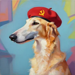 Portrait painting of a Borzoi Dog using a communist red beret as an Overwatch character, medium shot, asymmetrical, profile picture, Organic Painting, sunny day, Matte Painting, bold shapes, hard edges, street art, trending on artstation, by Huang Guangjian and Gil Elvgren and Sachin Teng