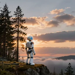 white robot stands at the edge of a pine forest at sunset. Sunset layered cloud sky. Sunset colour. Swirls layers clouds. Geoff darrow and Anna dittmann. Pine forest trees at sunset.