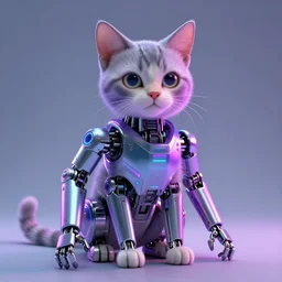Synthwave cat with cybernetic limbs.