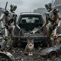 car dump with the remains of robots. gloomy future. depressed cat in the middle of a car dump. artstation trend, 4 k, high detail. wow