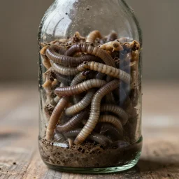 A glass bottle full of disgusting worms and dirt