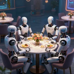 robots sitting on a table and dining, flowers as deco on the tables, digital art, cyberpunk