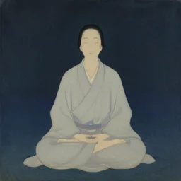a painting of a person sitting in a meditation position, a digital painting by Kanō Tan'yū, unsplash, samikshavad, sense of awe, mystical, matte painting