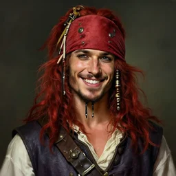 portrait of a young ruggedly handsome but joyful pirate, male, masculine, upper body, red hair, long hair, d & d, fantasy, joyful smirk, wink, intricate, elegant, highly detailed, digital painting, artstation, concept art, matte, sharp focus, illustration, art by artgerm and greg rutkowski and alphonse mucha