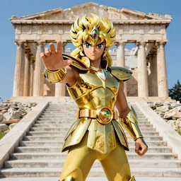 a vibrant, medium close - up, studio photographic portrait of the gold saint of capricorn from saint seiya : knights of the zodiac, standing in a menacing stance impeding pass through, over the foreground is the stairway of the temple of athens, in the background is the old temple of athena, athens ( greece ), 8 5 mm, sharp 1 / 2 5 0 0, deep depth of field f / 3 2, golden hour, light academia, by annie leibovitz