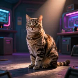 cat sitting in a neon basement john kricfalusi and syd mead