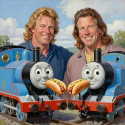 portrait of wwf shawn michaels and thomas the tank engine sharing hotdogs, an oil painting by ross tran and thomas kincade